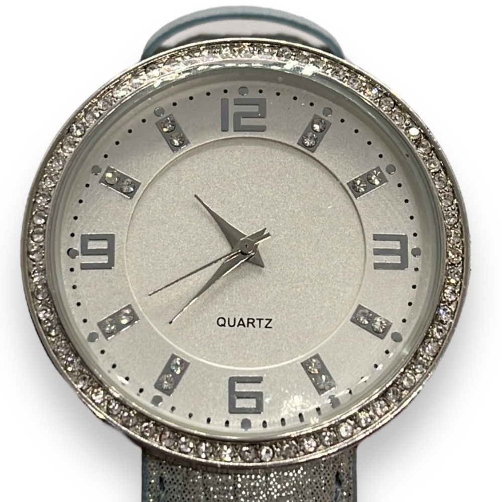 Cavanaugh Large Face Watch Rhinestones Quartz Metallic Genuine Leather Band